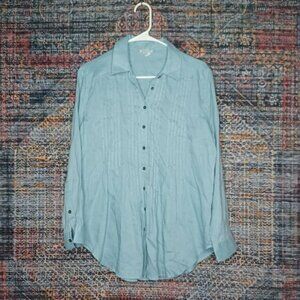 sundance womens solid teal pintucks linen button down top L